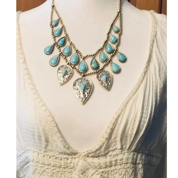 lucky brand gold tone turquoise two-row tear drop necklace - Picture 2 of 8